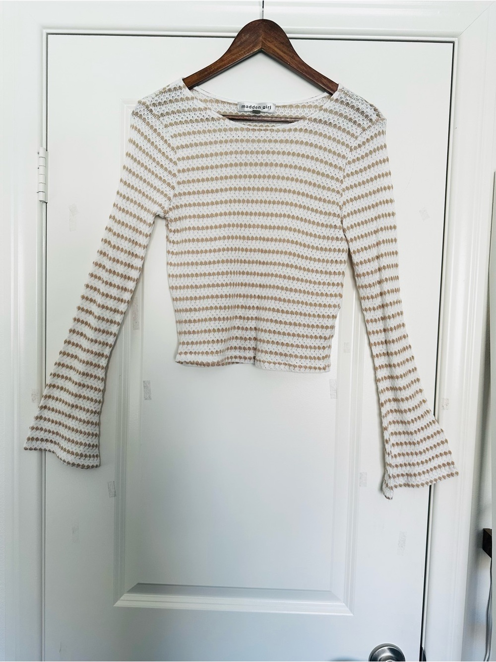 Madewell Cream and Tan Ribbed Knit Bell Sleeve Top